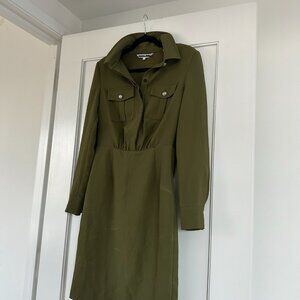 Veronica Beard A-line Shirt Dresss In Army Green Button Front Long Sleeves Front